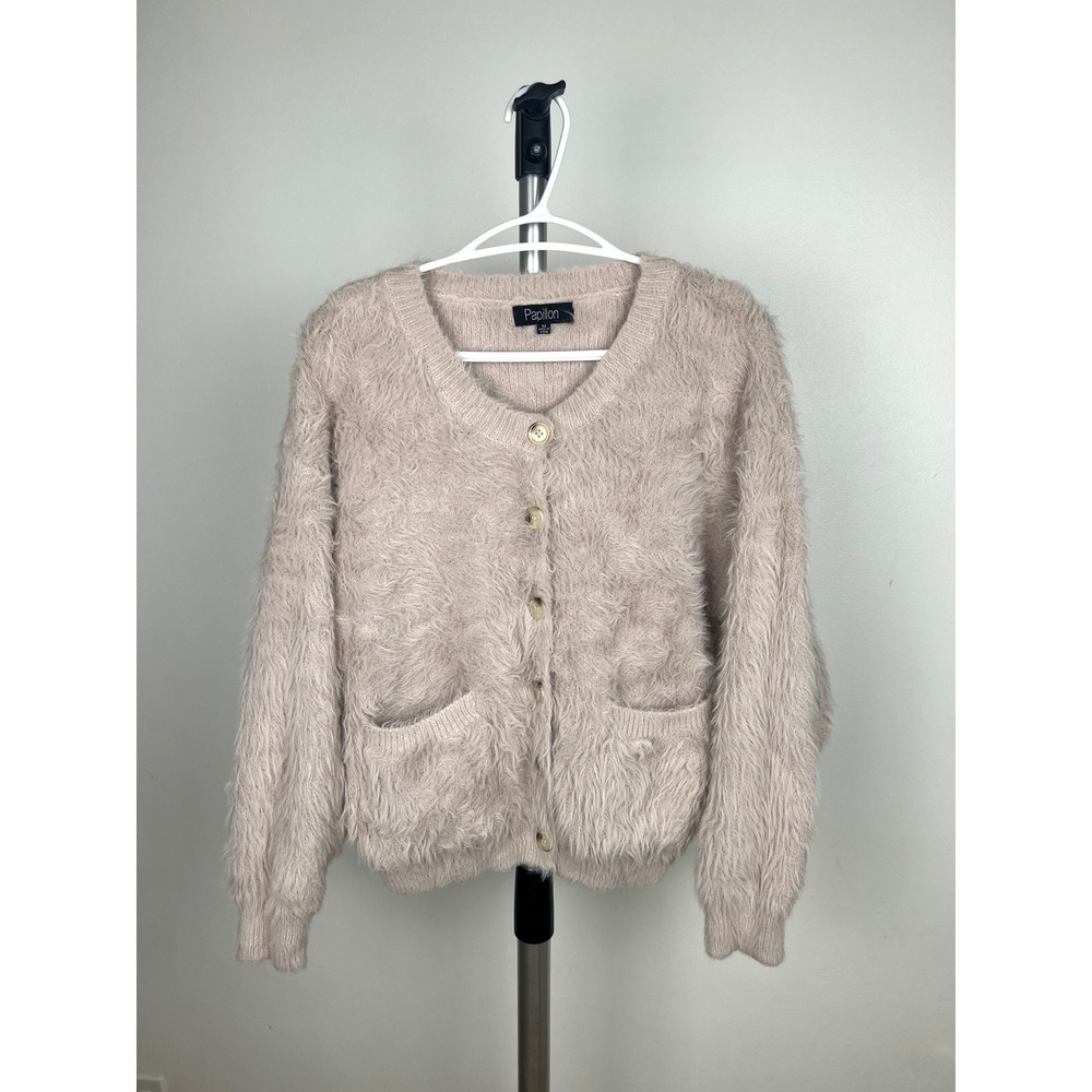 Papillon Women Fuzzy Eyelash Knit Button Front Cardigan Sweater Pockets M